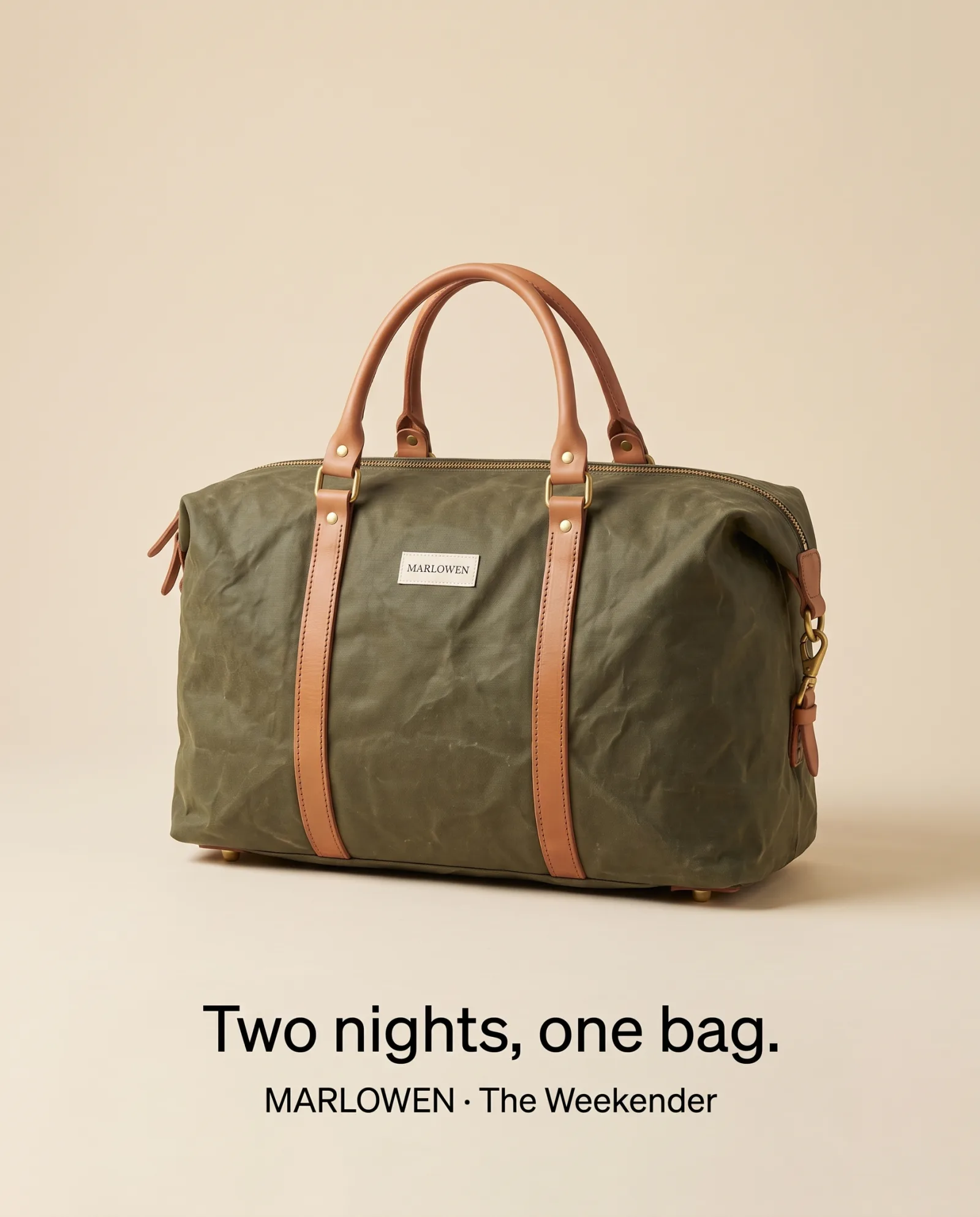 Marlowen weekender, portrait placement. Headline: Two nights, one bag.