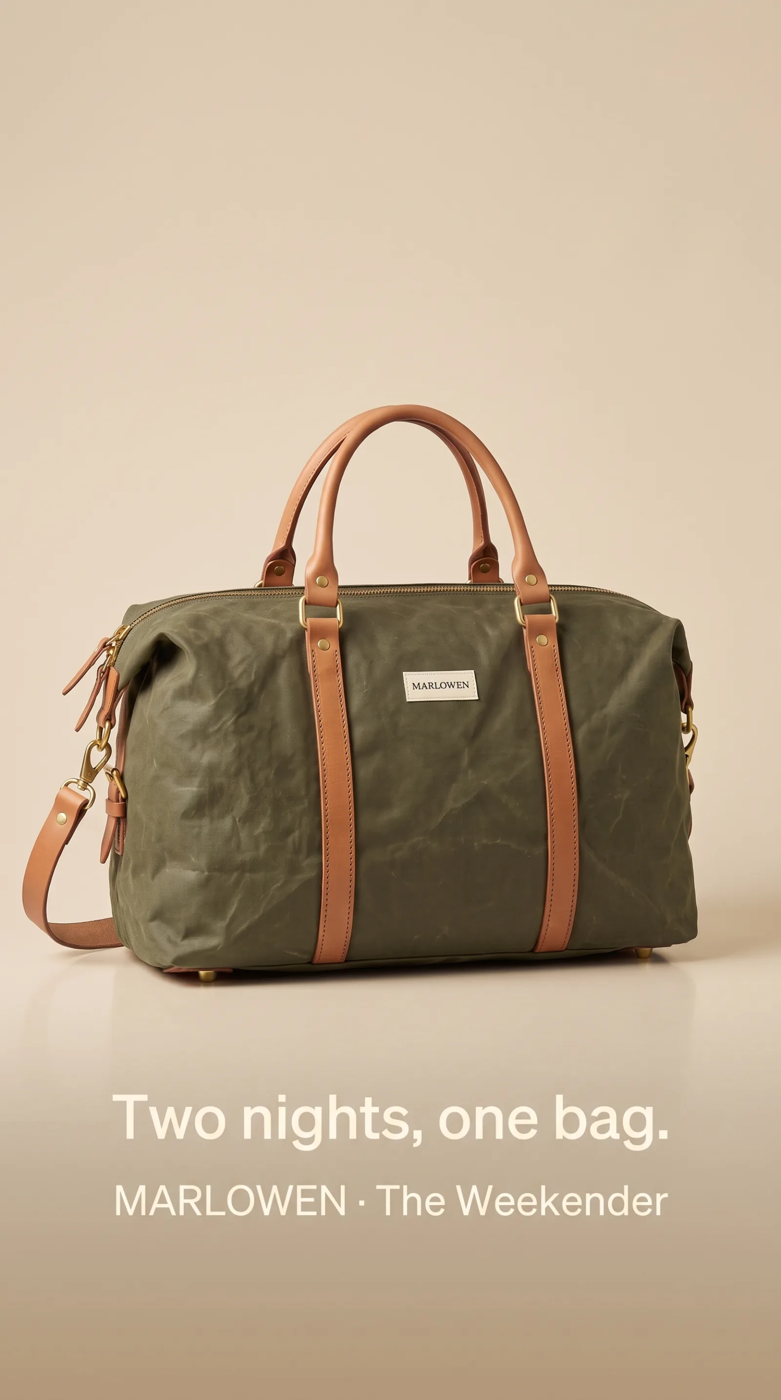 Marlowen weekender, story placement. Headline: Two nights, one bag.