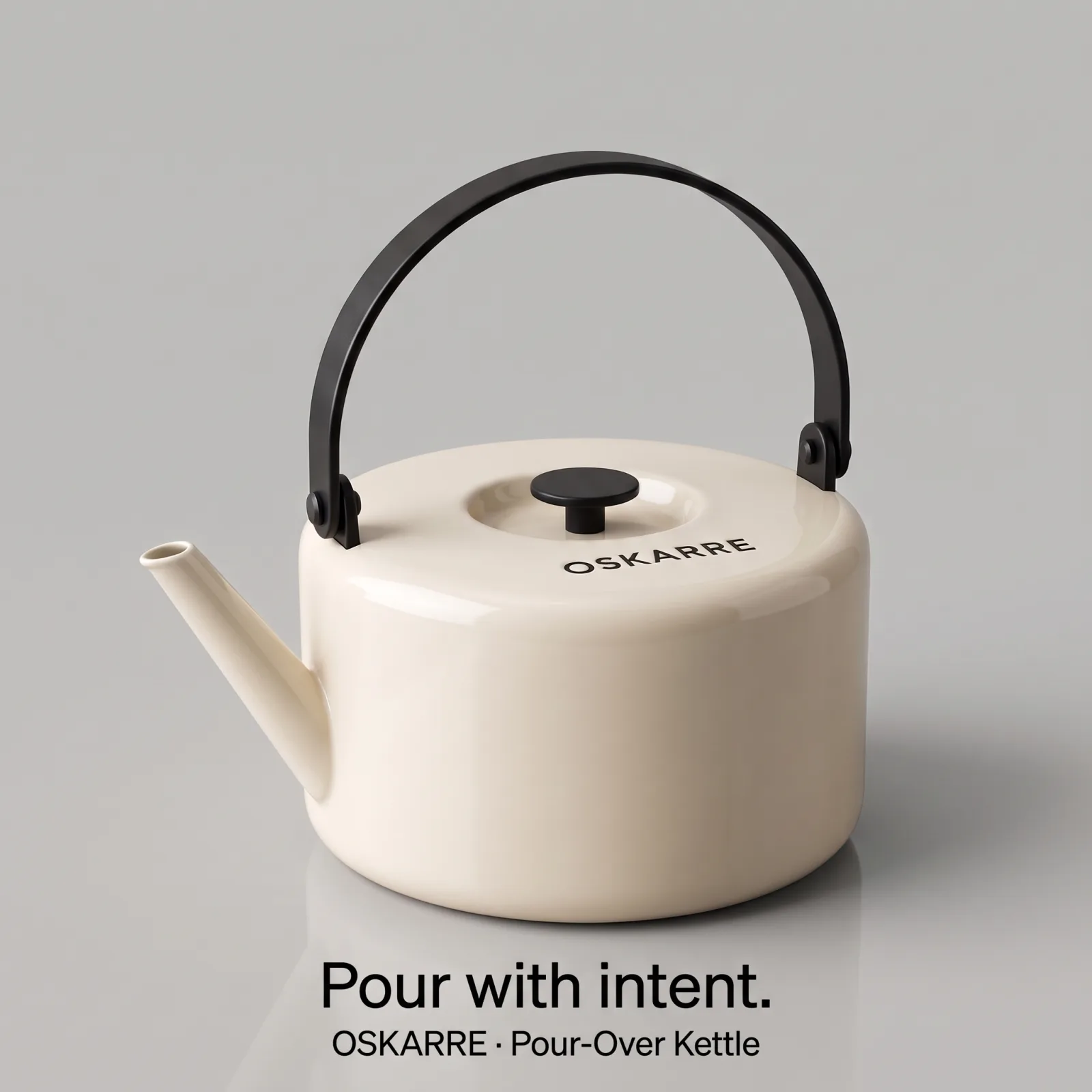 Oskarre kettle on grey. Headline: Pour with intent.